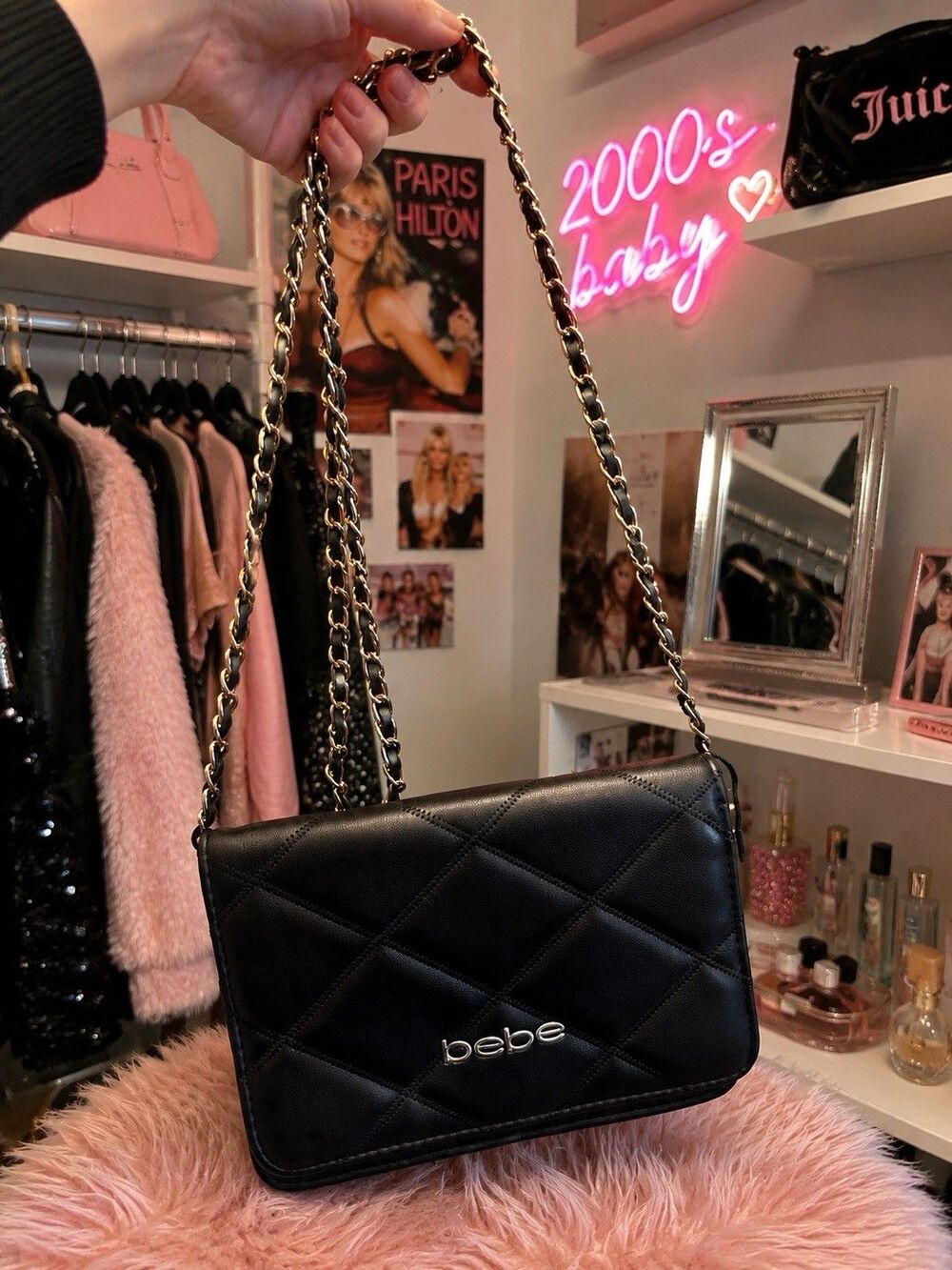 Bebe Black Quilted Crossbody Bag Gold Chain Strap Y2K Inspired Chic Style